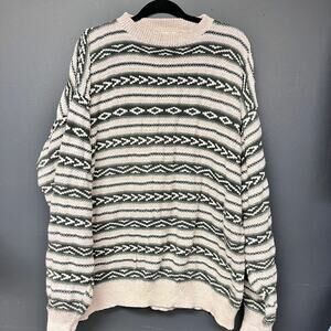 Vintage Men's XL Benjamin Row 100% cotton green tan striped crew neck sweater